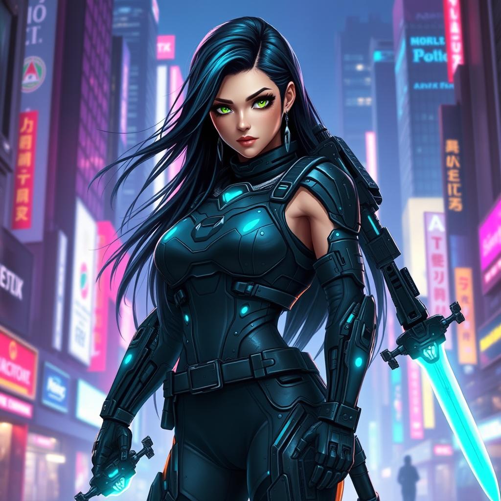 A futuristic warrior with a sleek and powerful appearance, inspired by a blend of cyberpunk and sci-fi aesthetics