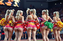 A vibrant scene showcasing seven sexy cheerleaders with impeccable faces and pale bodies, flaunting very generous busts and remarkably large posteriors, beautifully emphasized by huge and shapely thighs