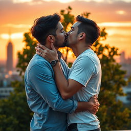 A tender and romantic scene depicting two men sharing a passionate kiss in a beautiful urban setting during sunset