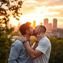 A tender and romantic scene depicting two men sharing a passionate kiss in a beautiful urban setting during sunset