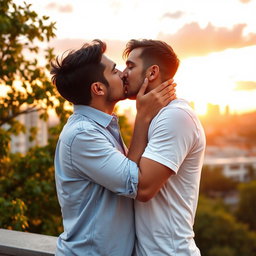 A tender and romantic scene depicting two men sharing a passionate kiss in a beautiful urban setting during sunset