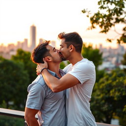 A tender and romantic scene depicting two men sharing a passionate kiss in a beautiful urban setting during sunset