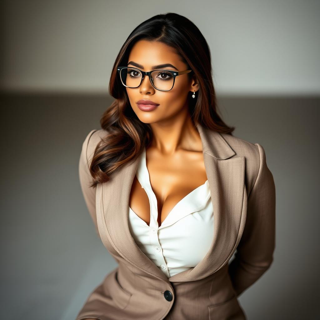 A beautiful woman with a strong physique, featuring a pronounced bust, wearing a stylish blouse and a fitted blazer
