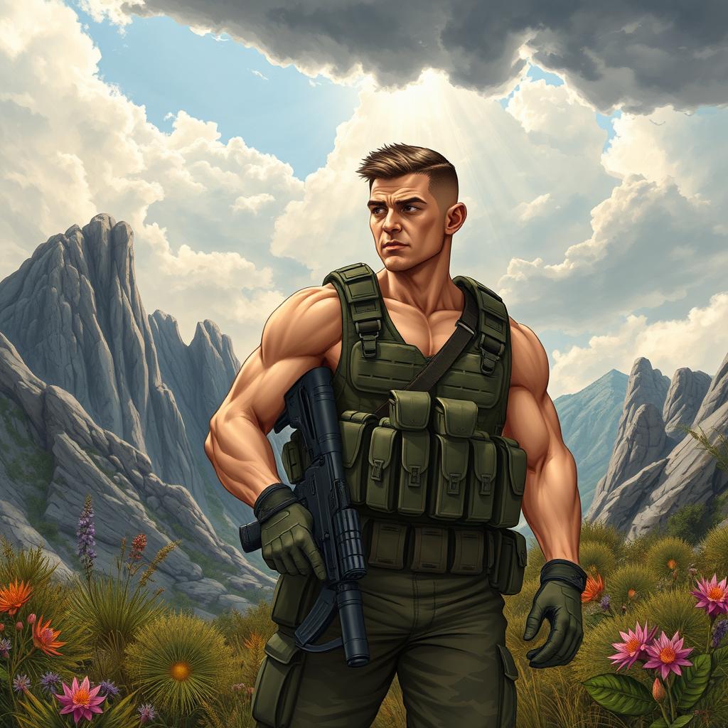 A detailed illustration of a soldier in a tactical gear, with a modern weapon slung over the shoulder, standing amidst a rugged landscape with rocky mountains in the background