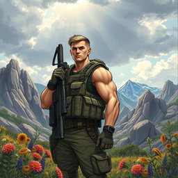 A detailed illustration of a soldier in a tactical gear, with a modern weapon slung over the shoulder, standing amidst a rugged landscape with rocky mountains in the background