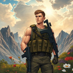 A detailed illustration of a soldier in a tactical gear, with a modern weapon slung over the shoulder, standing amidst a rugged landscape with rocky mountains in the background