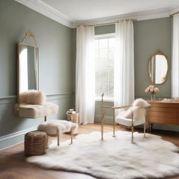 An intimate room featuring a tall standing mirror, a large desk complete with chair, a gentle indoor swing, and a luxurious fur rug serving as carpet.