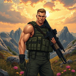 A detailed illustration of a soldier in a tactical gear, with a modern weapon slung over the shoulder, standing amidst a rugged landscape with rocky mountains in the background