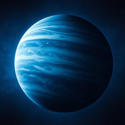 A stunning and detailed depiction of the planet Jupiter with a predominant blue color scheme, showcasing its swirling clouds and intricate atmospheric patterns