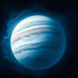 A stunning and detailed depiction of the planet Jupiter with a predominant blue color scheme, showcasing its swirling clouds and intricate atmospheric patterns