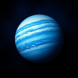 A stunning and detailed depiction of the planet Jupiter with a predominant blue color scheme, showcasing its swirling clouds and intricate atmospheric patterns