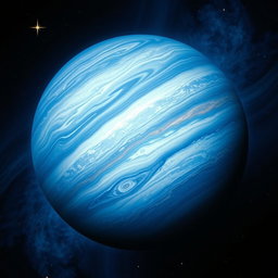 A stunning and detailed depiction of the planet Jupiter with a predominant blue color scheme, showcasing its swirling clouds and intricate atmospheric patterns