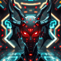 A striking and imaginative depiction of a demonic AI figure, showcasing a fusion of technology and dark fantasy elements