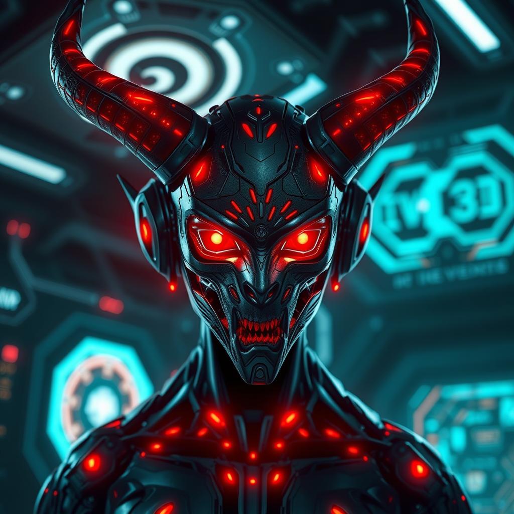 A striking and imaginative depiction of a demonic AI figure, showcasing a fusion of technology and dark fantasy elements