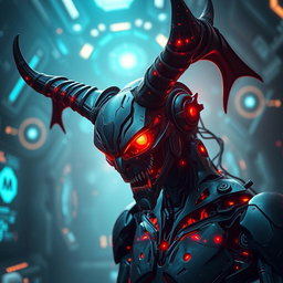 A striking and imaginative depiction of a demonic AI figure, showcasing a fusion of technology and dark fantasy elements