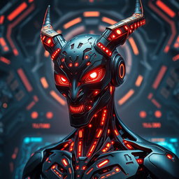 A striking and imaginative depiction of a demonic AI figure, showcasing a fusion of technology and dark fantasy elements
