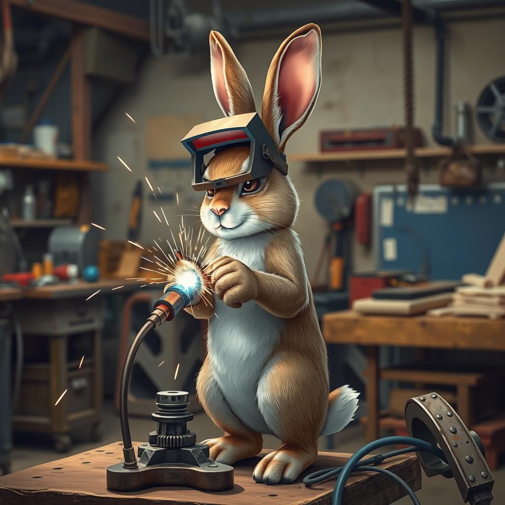A skilled rabbit wearing a welding helmet, focused on welding metal parts together in a workshop