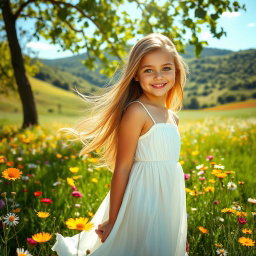 A beautiful girl with long flowing hair, standing in a sunlit meadow filled with vibrant wildflowers