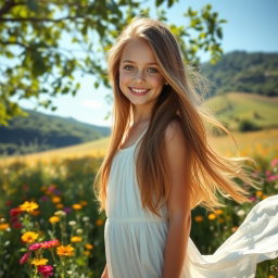 A beautiful girl with long flowing hair, standing in a sunlit meadow filled with vibrant wildflowers