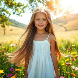A beautiful girl with long flowing hair, standing in a sunlit meadow filled with vibrant wildflowers