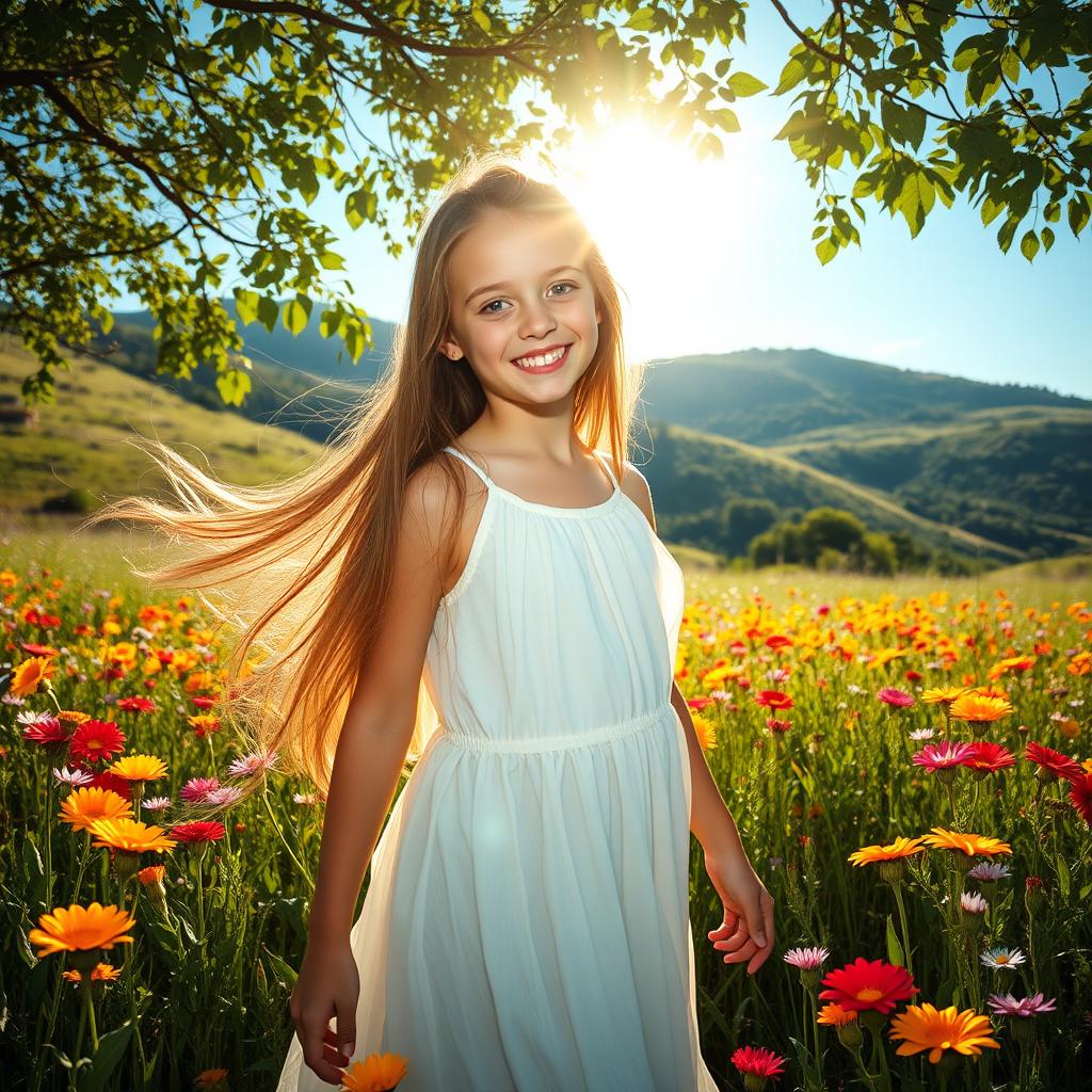 A beautiful girl with long flowing hair, standing in a sunlit meadow filled with vibrant wildflowers