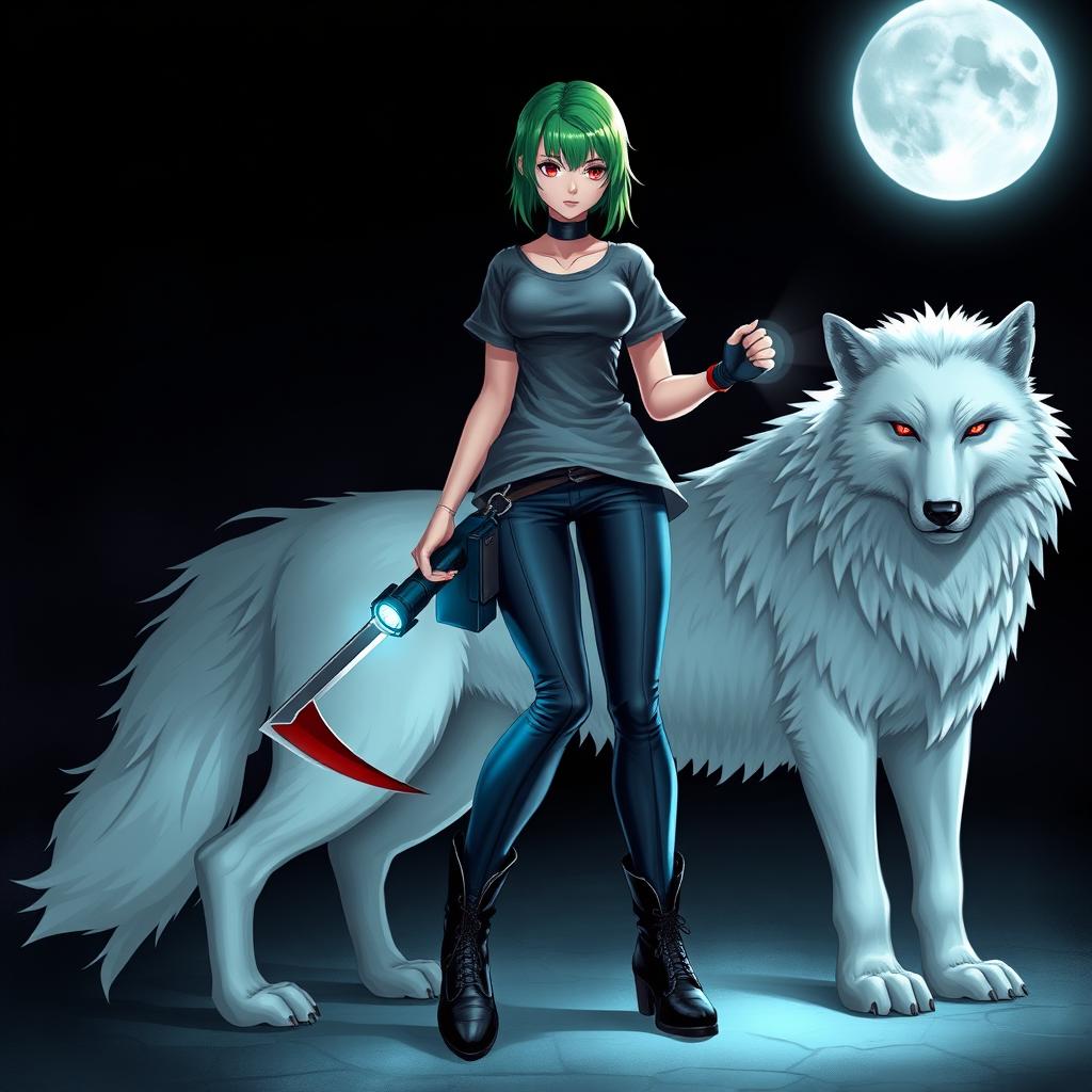 A female character with vibrant green hair, wearing a stylish gray t-shirt and fitted jeans, complemented by sleek black boots