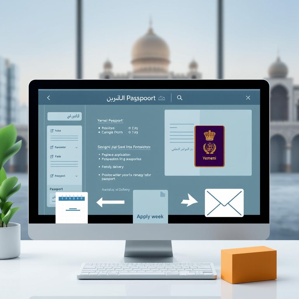A modern and efficient scene depicting the process of obtaining a Yemeni passport remotely
