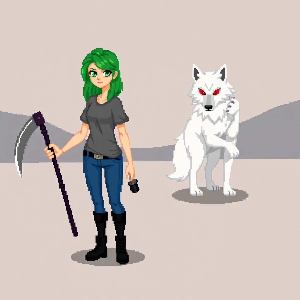 A pixel art female character featuring vibrant green hair, wearing a simple gray t-shirt and blue jeans, completed with black boots