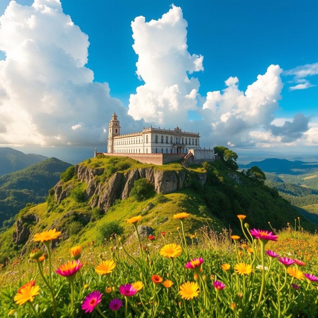 A breathtaking view of the Convento da Penha, perched atop a rocky hill, overlooking a vibrant landscape in Brazil