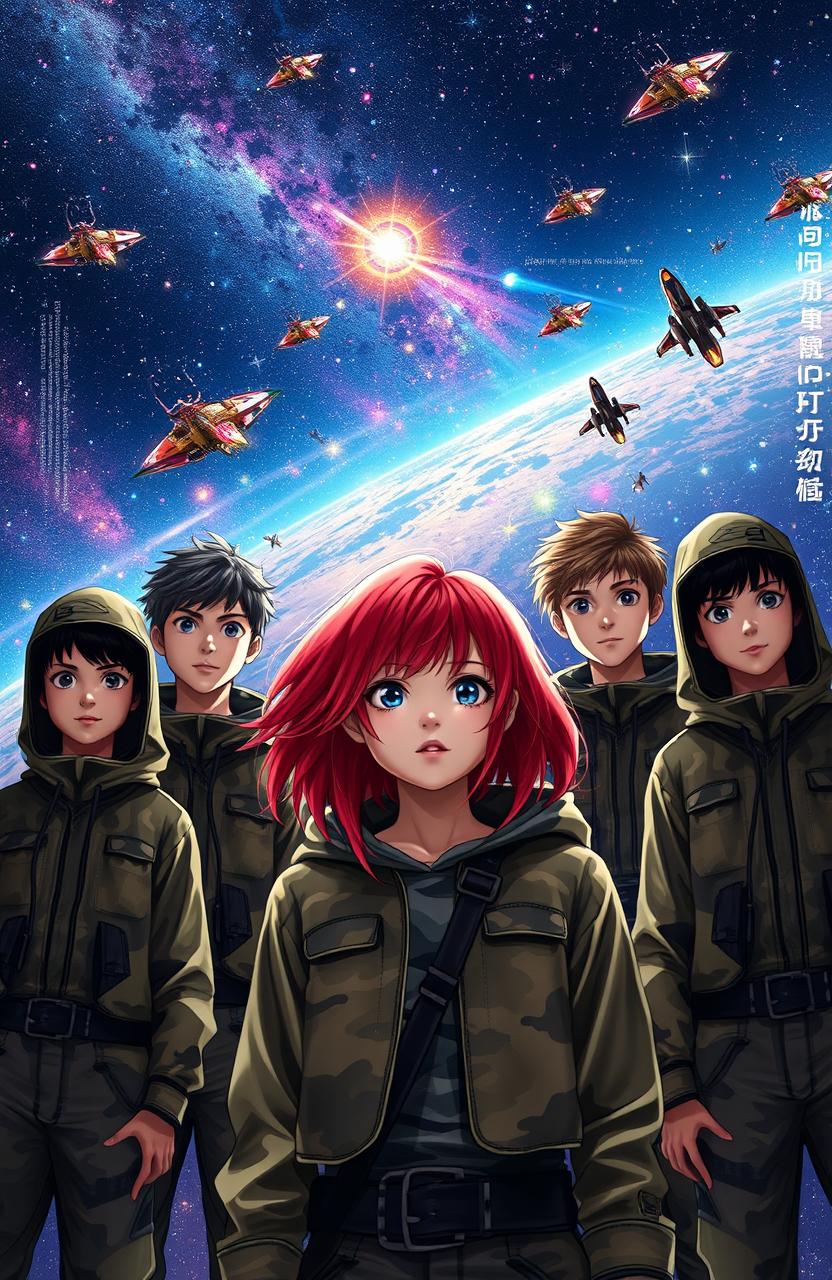 A stunning scene featuring a girl with vibrant red hair, surrounded by four boys dressed in camouflage outfits