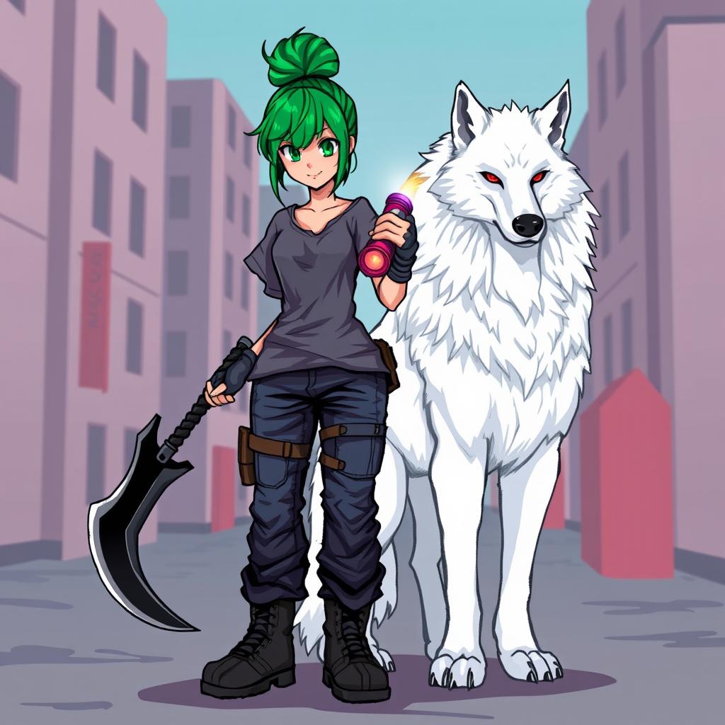 A female character depicted in vibrant pixel art style, featuring green hair styled in a messy samurai bun