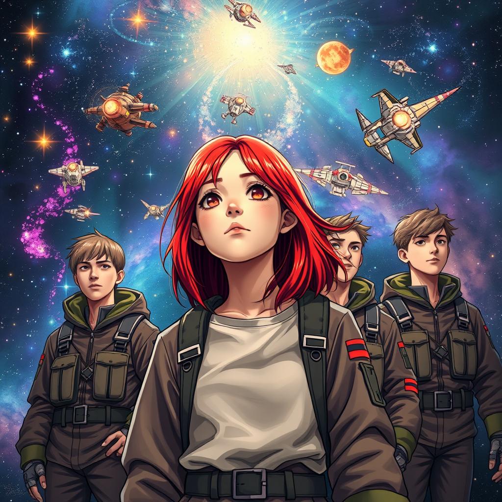 A captivating scene featuring a 20-year-old girl with striking red hair, surrounded by four 24-year-old boys dressed in camouflage outfits