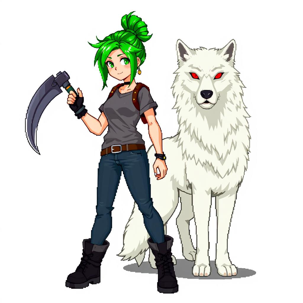A female character in pixel art style, featuring striking green hair styled in a messy samurai bun