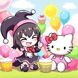 A vibrant, playful scene featuring Kuromi and Hello Kitty in a whimsical, colorful environment
