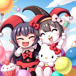 A vibrant, playful scene featuring Kuromi and Hello Kitty in a whimsical, colorful environment