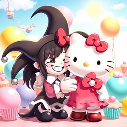 A vibrant, playful scene featuring Kuromi and Hello Kitty in a whimsical, colorful environment