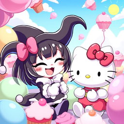 A vibrant, playful scene featuring Kuromi and Hello Kitty in a whimsical, colorful environment