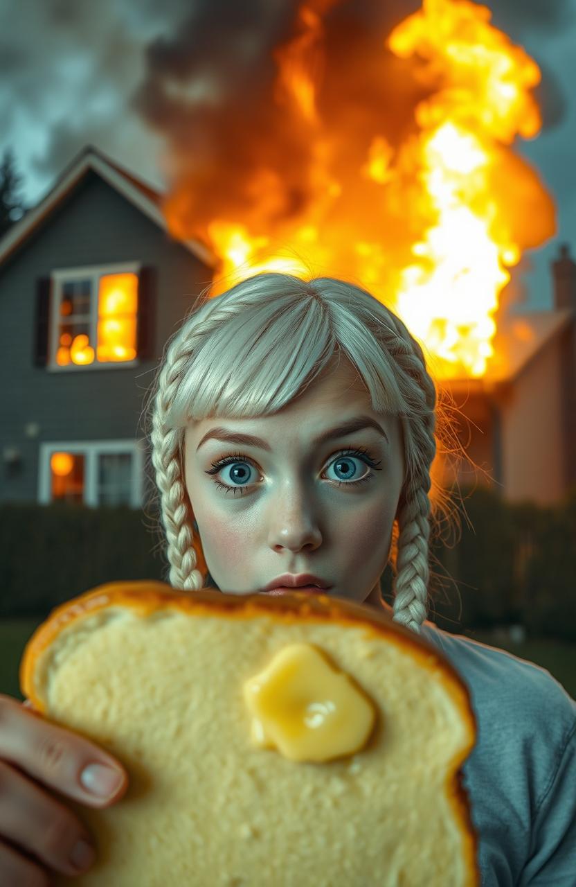 A dramatic scene featuring a house on fire in the background, billowing smoke and flames