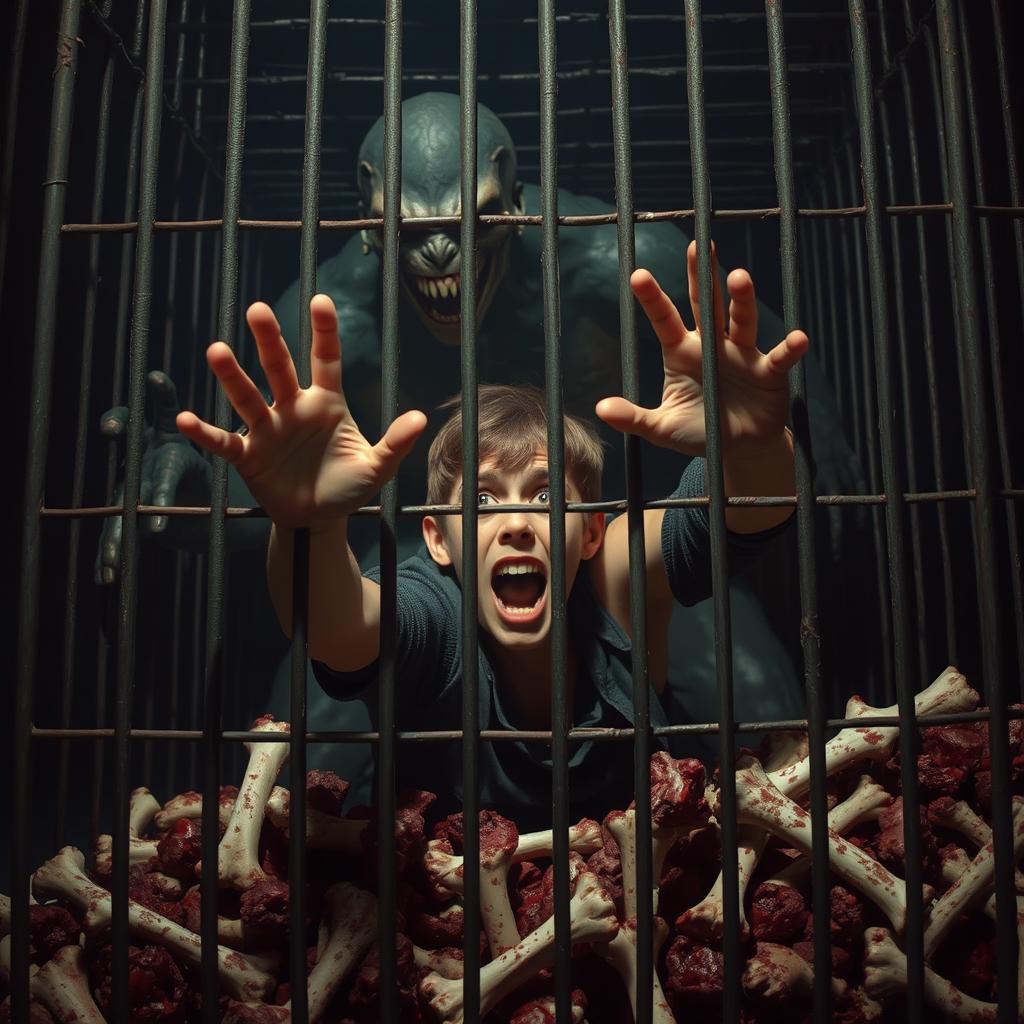 A young man trapped in a cage, reaching out with a terrified expression, desperately seeking help