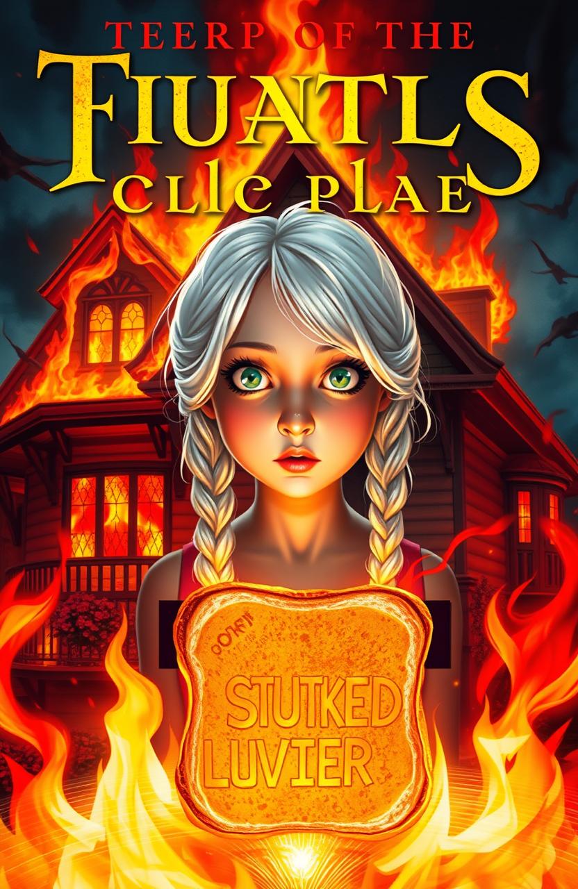 A fantastical book cover featuring a house ablaze in the background, with vibrant flames and magical elements suggesting an enchanting atmosphere