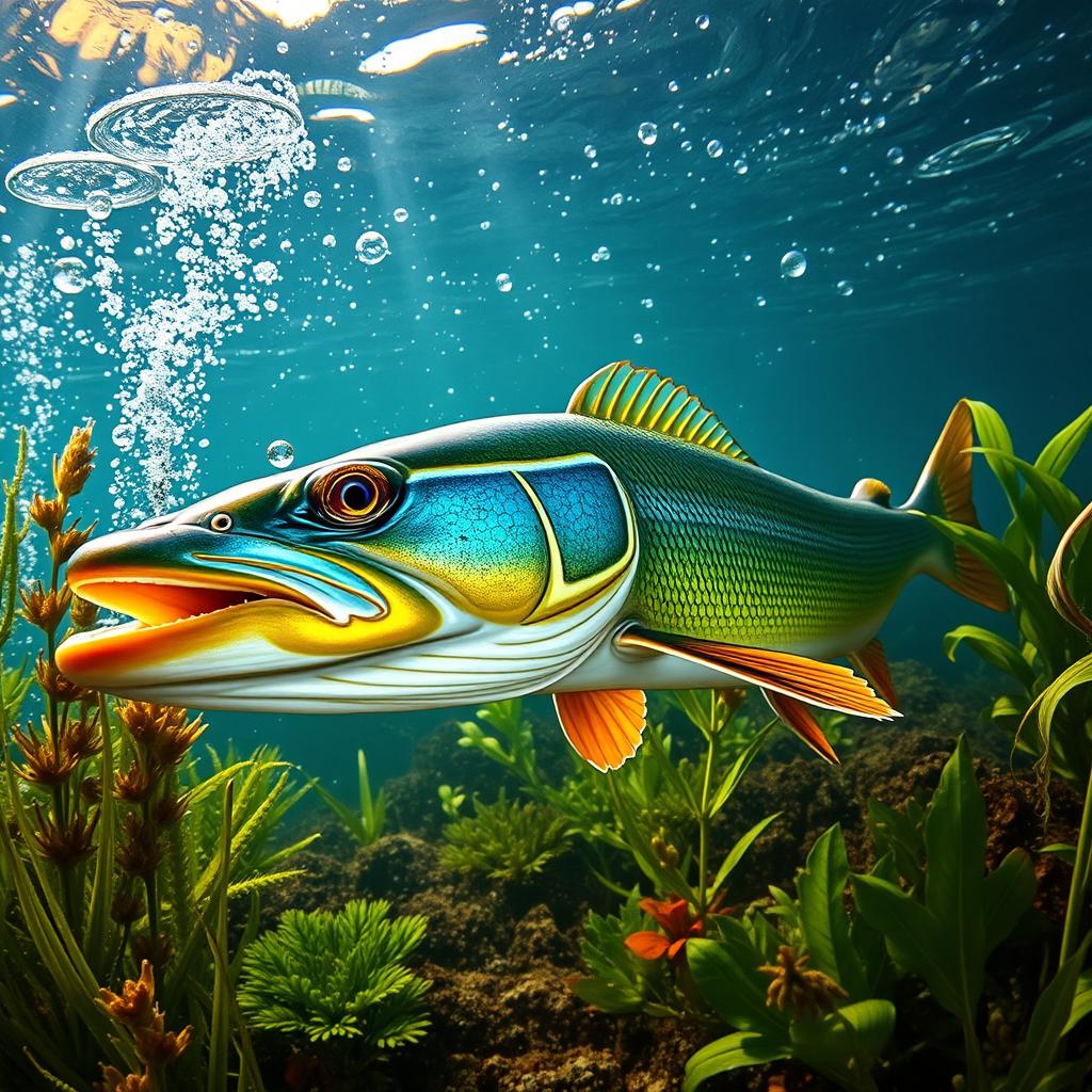 A vibrant and colorful pike fish with a striking yellow moustache, showcasing its scales in shimmering greens and blues