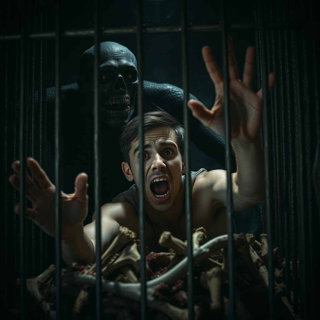 A young man trapped inside a dark cage, desperately reaching out for help with a look of terror on his face