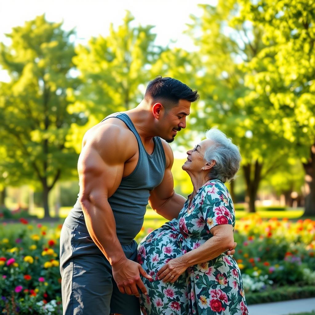 A tender scene in a sunny park where a muscular bodybuilder leans down to kiss an elderly woman, who is smiling happily