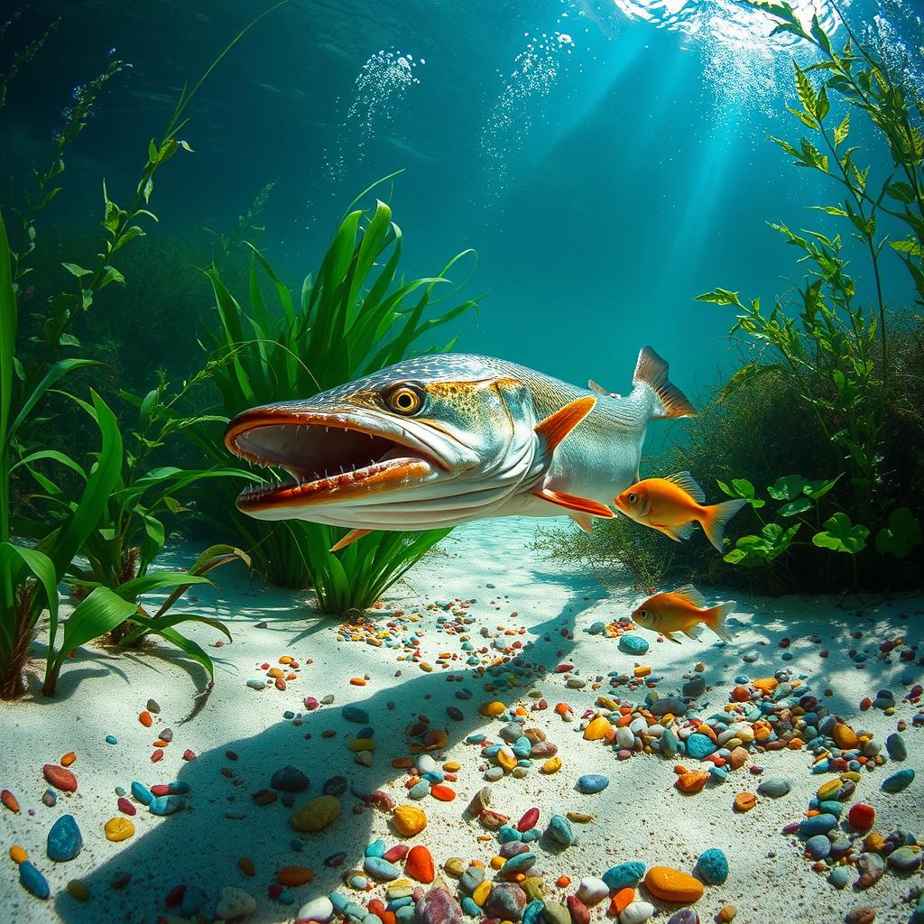 A dramatic underwater scene featuring a fierce pike fish stealthily hunting a small fish