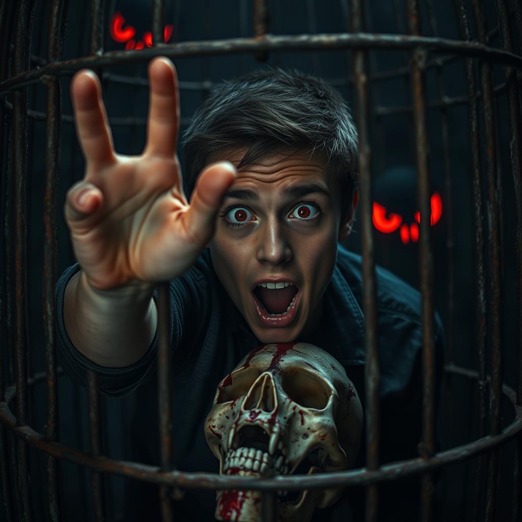 A young man appears to be trapped inside a dark, rusty cage, his expression filled with terror as he reaches one arm out towards the viewer for help