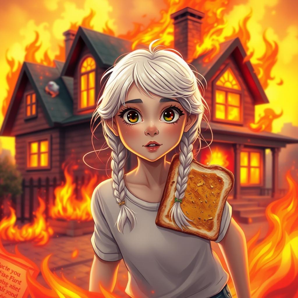 A fantastical book cover featuring a house on fire in the background, with vibrant flames and magical elements suggesting an enchanting atmosphere