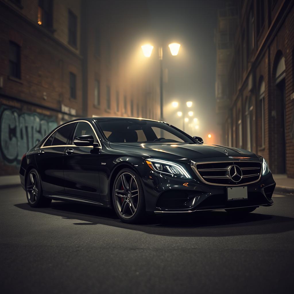 A sleek black Mercedes S-Class parked prominently in a dimly lit urban environment, exuding a stylish mafia aesthetic