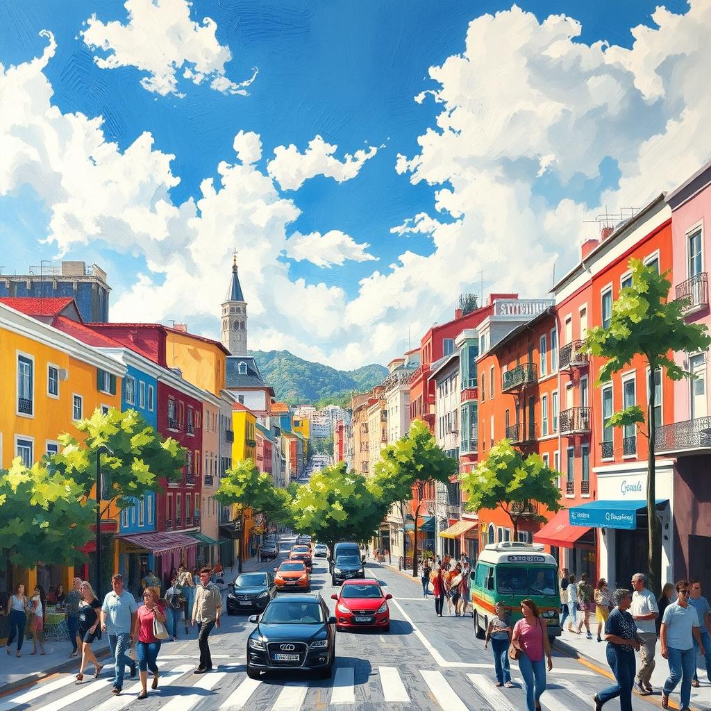 An impressionist painting depicting a vibrant and bustling cityscape, showcasing a variety of colorful buildings with soft brush strokes