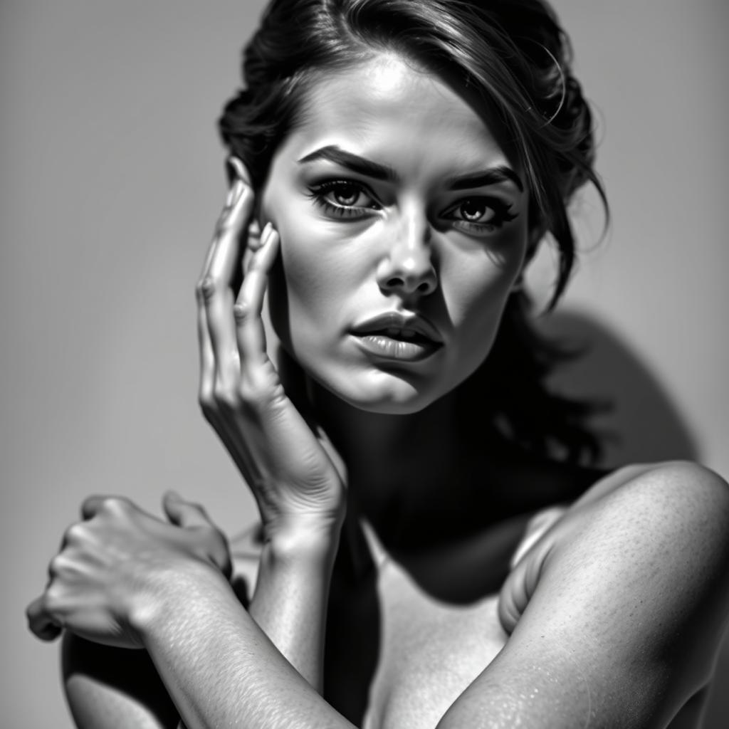 A stunning black and white photograph of a model, showcasing elegant poses and sharp contrasts