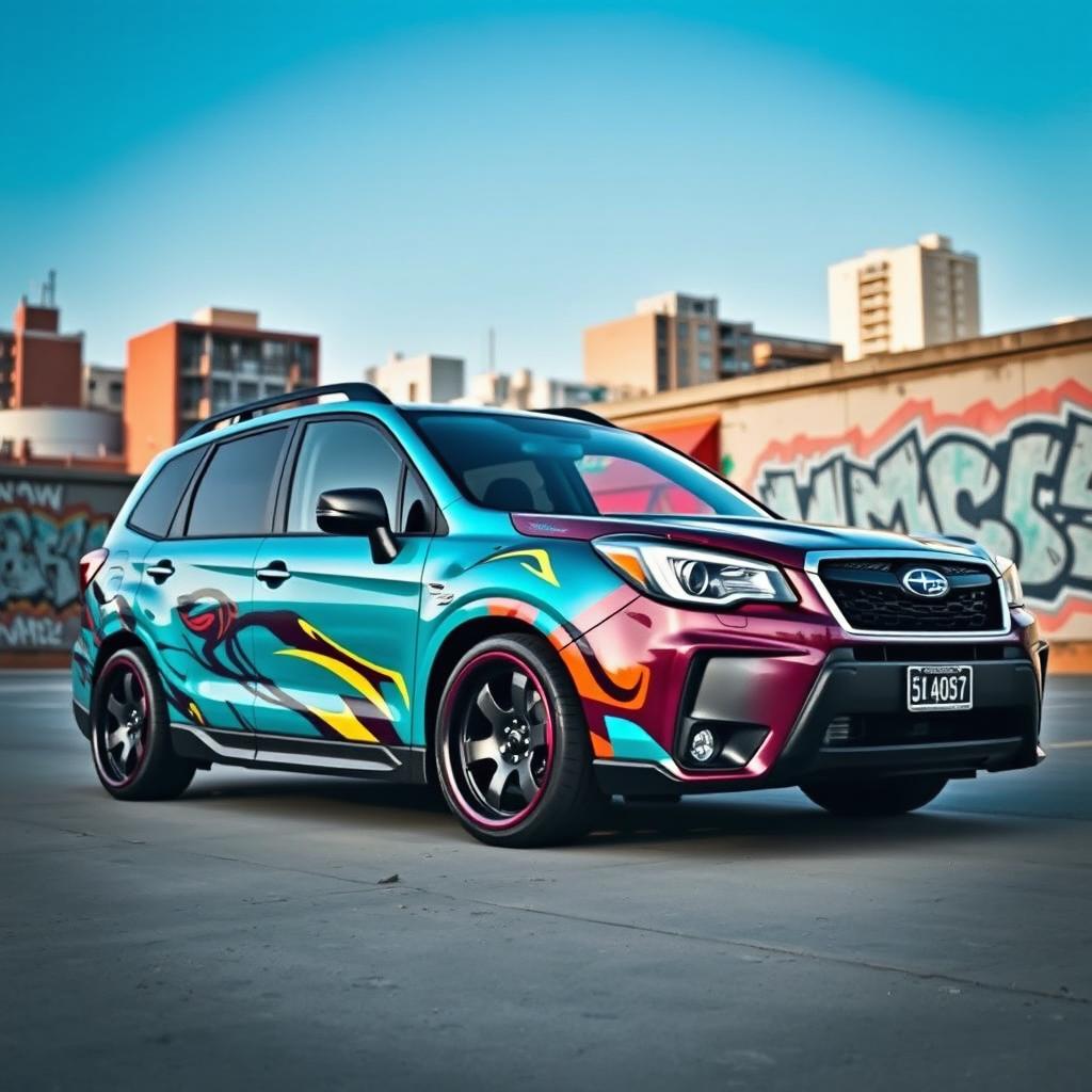 A captivating scene showcasing a modified Subaru Forester parked in an urban setting, highlighting its stylish tuning features